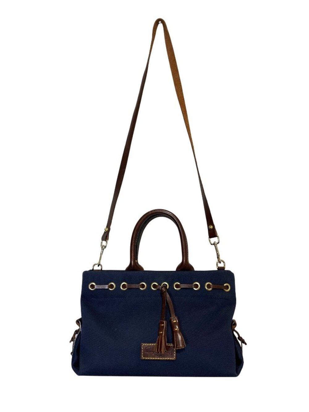 Dooney & Bourke Navy Blue Canvas Crossbody Satchel Leather-Straps Tassel Tote